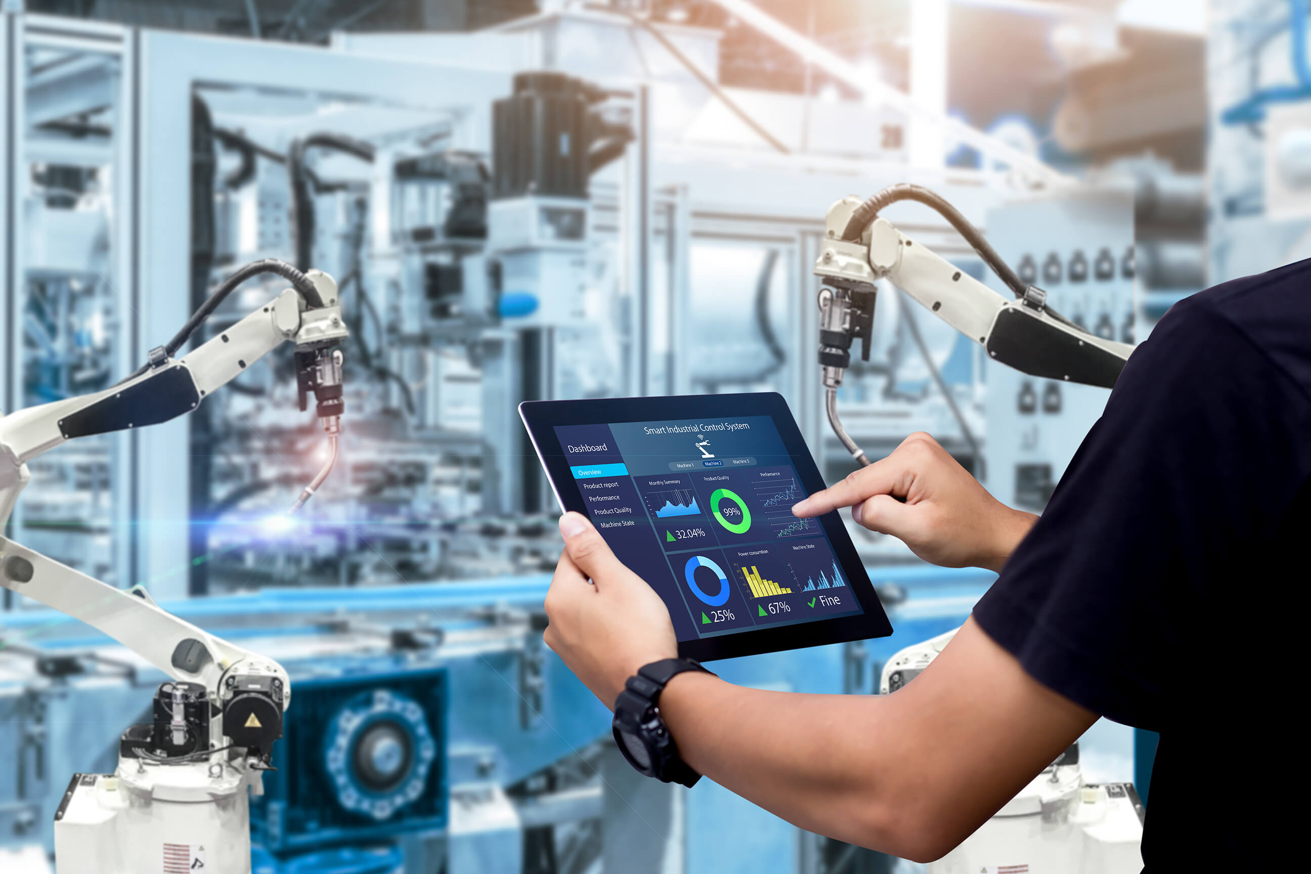 Controlling smart industrial automation and factory robotics using a tablet with a dashboard displaying real-time MI data and performance analytics for swift actions and control.