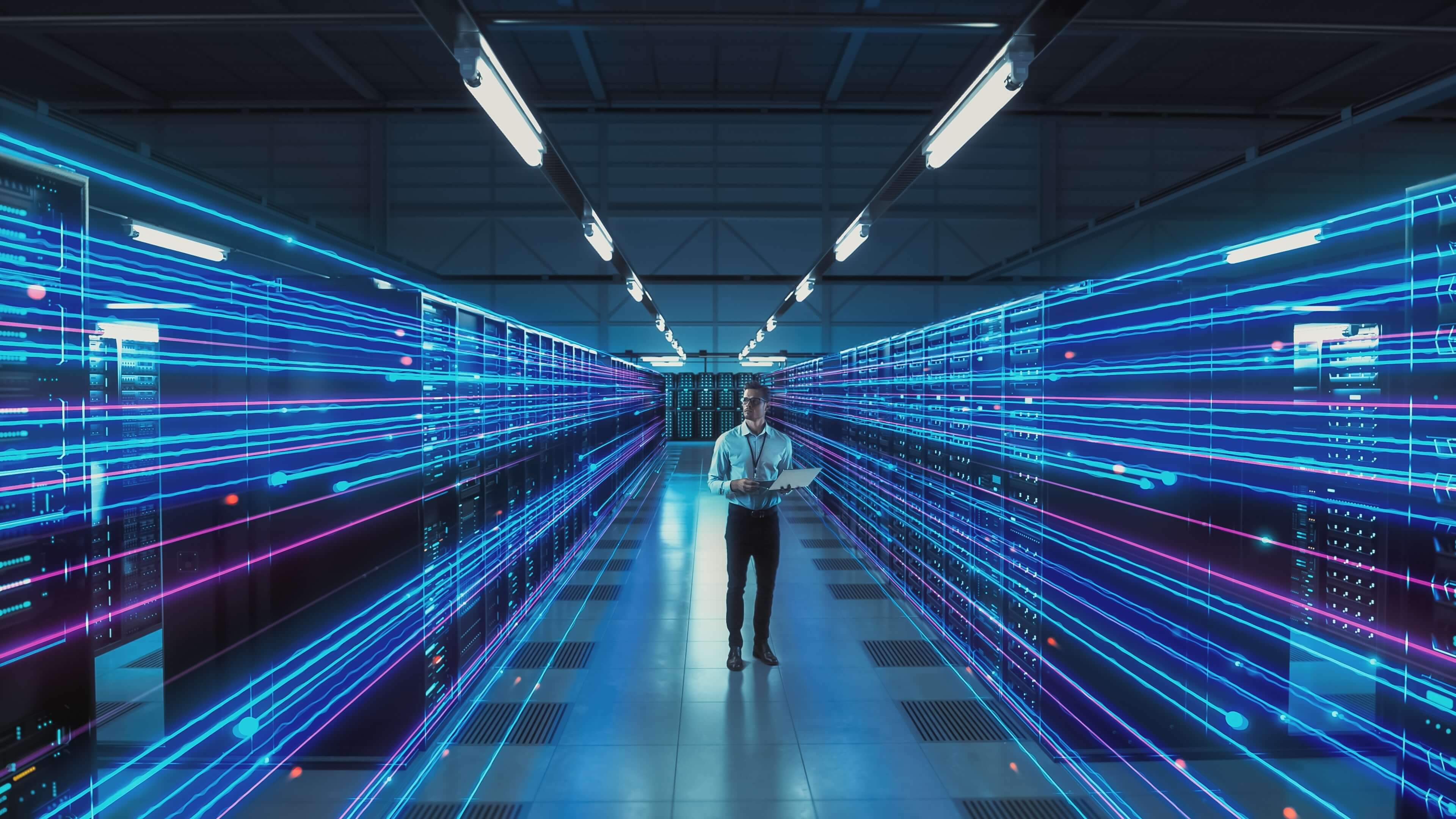 Man in server room surrounded by technology