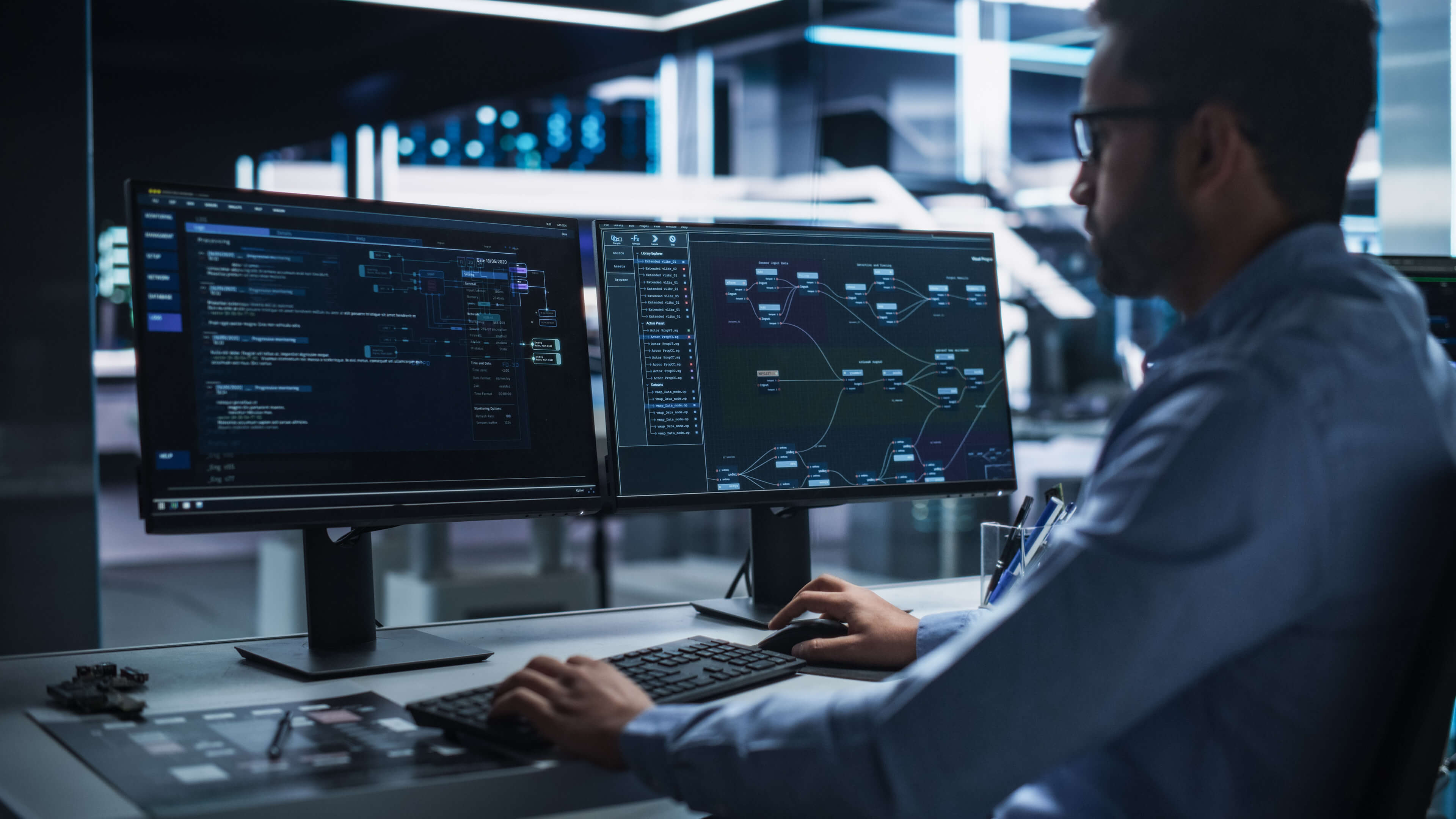 Manufacturing Intelligence engineer analyzing complex data flow diagrams and system configurations on a dual-monitor setup, implementing digitally powered insights and automation.